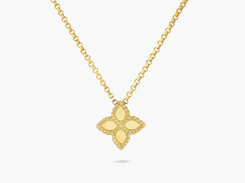 [7771367AYCH0] 18Kt Yellow Gold Small Princess Flower Polished Necklace 16-18"