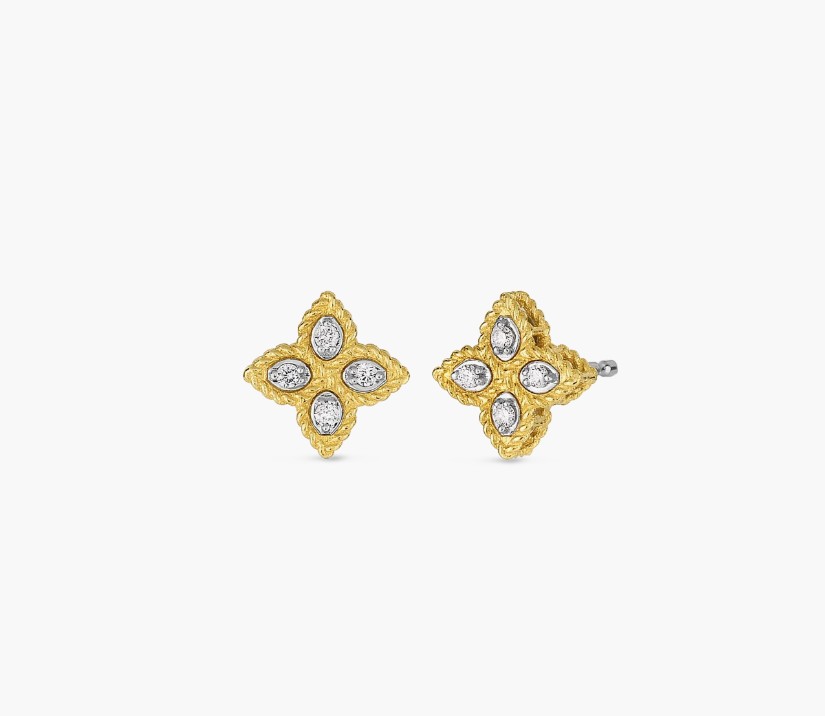[7771383AJERX] 18Kt Two Toned Diamond Princess Flower Studs 0.10cttw