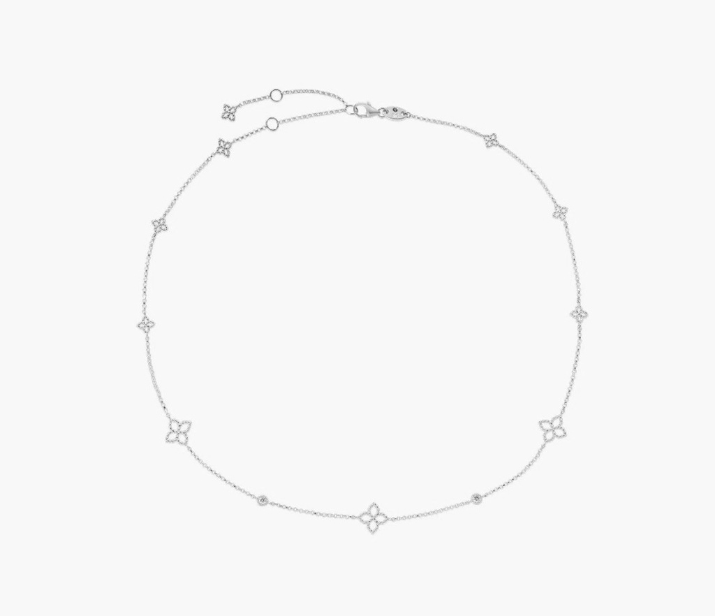 [7773793AW17X] 18Kt White Gold Princess Flower Diamond Station Necklace 0.06cttw