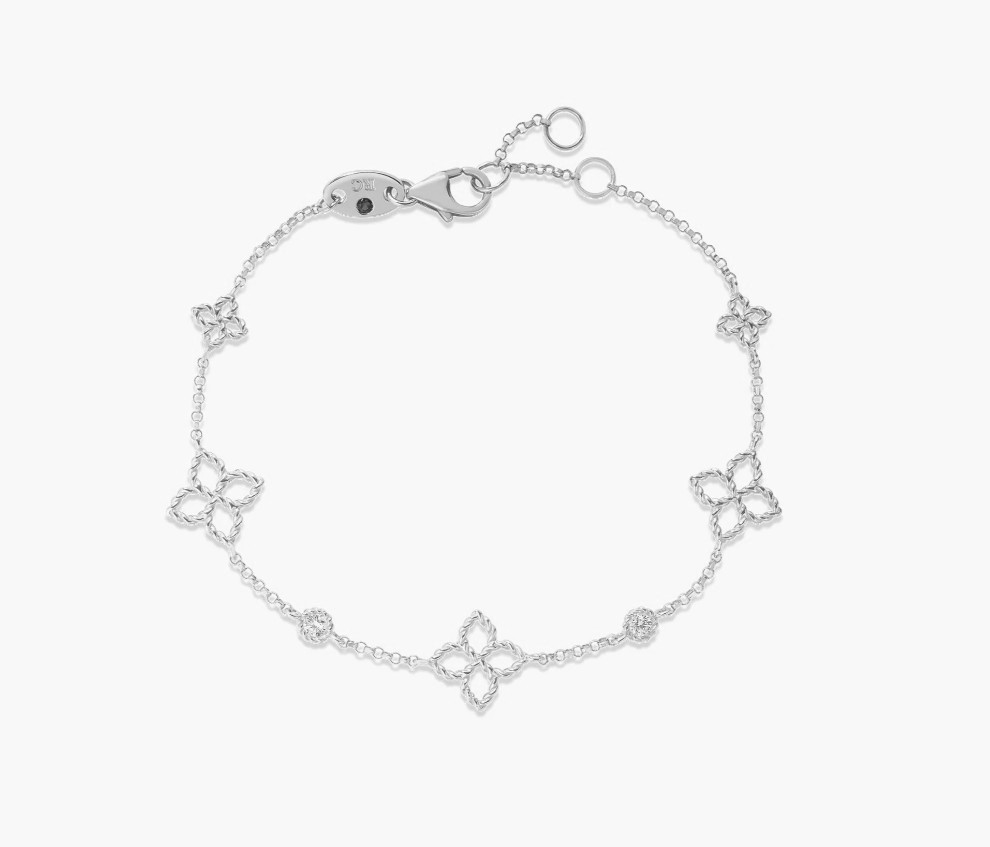 [7773793AWLBX] 18Kt White Gold Princess Flower Diamond Station Bracelet 0.06cttw