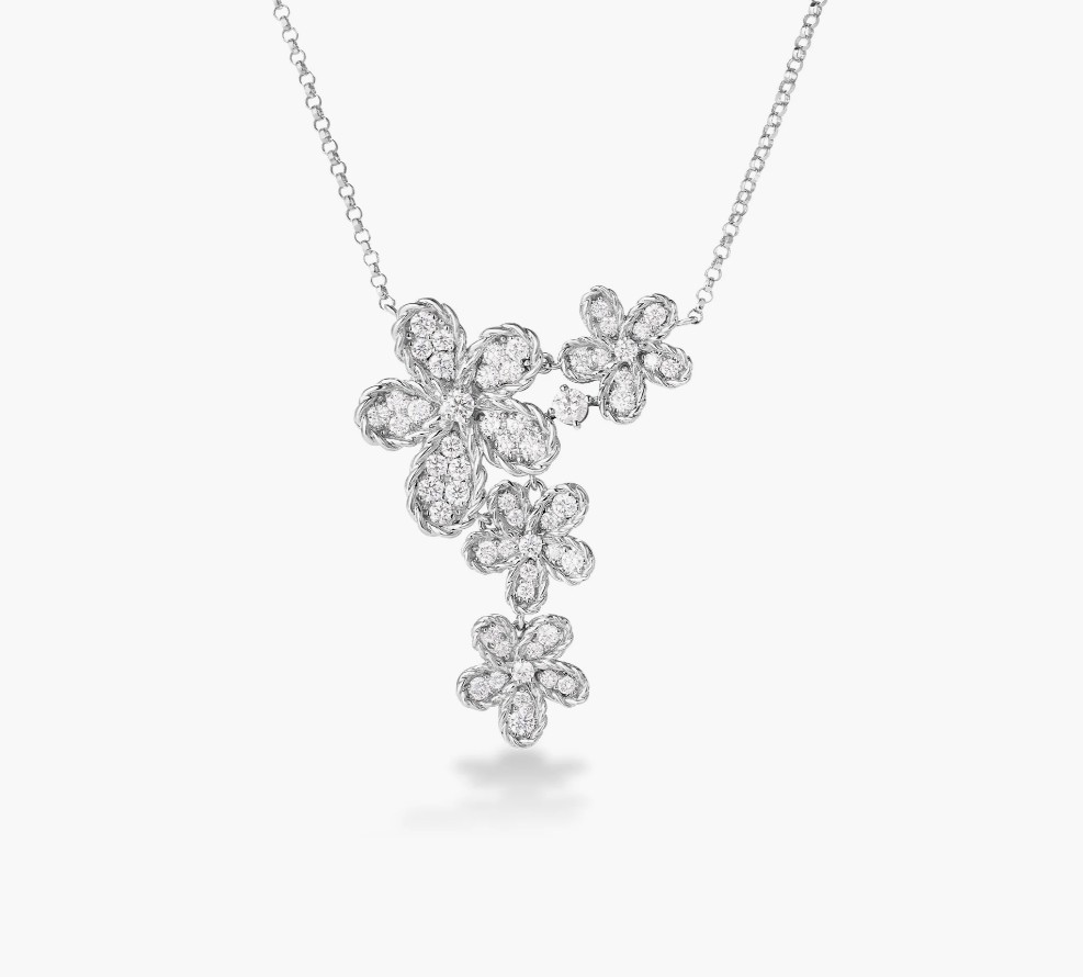 [7773798AW17X] 18Kt White Gold Jasmine Multi Flower Diamond Necklace 0.75cttw