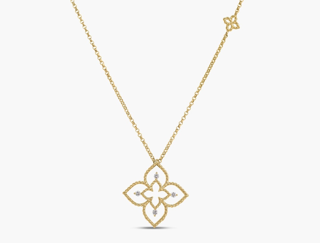 [7773844AY17X] 18Kt Yellow Gold Open Princess Flower Diamond Necklace 0.05cttw