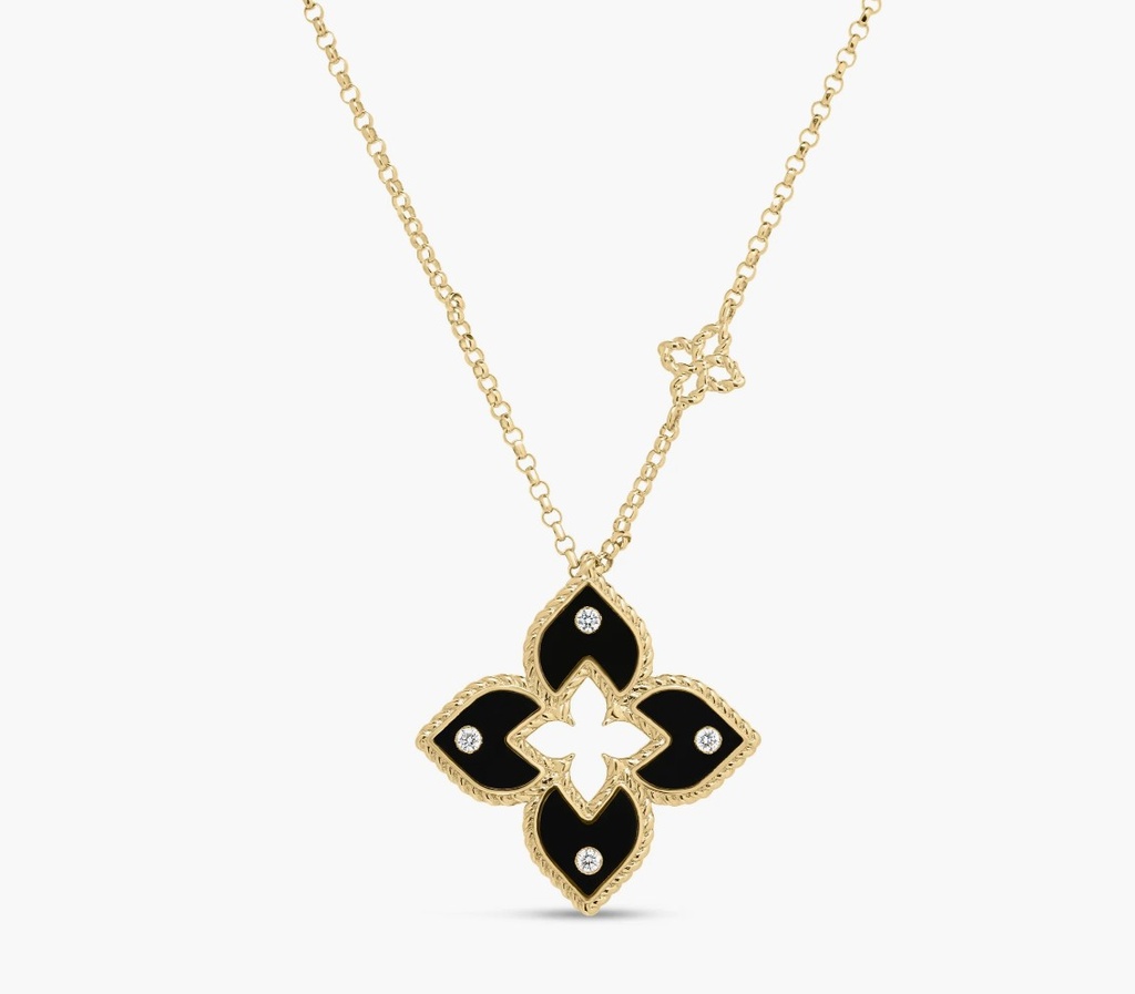 [7773850AY17X] 18Kt Yellow Gold Black Enamel Princess Flower Diamond Necklace 0.02cttw