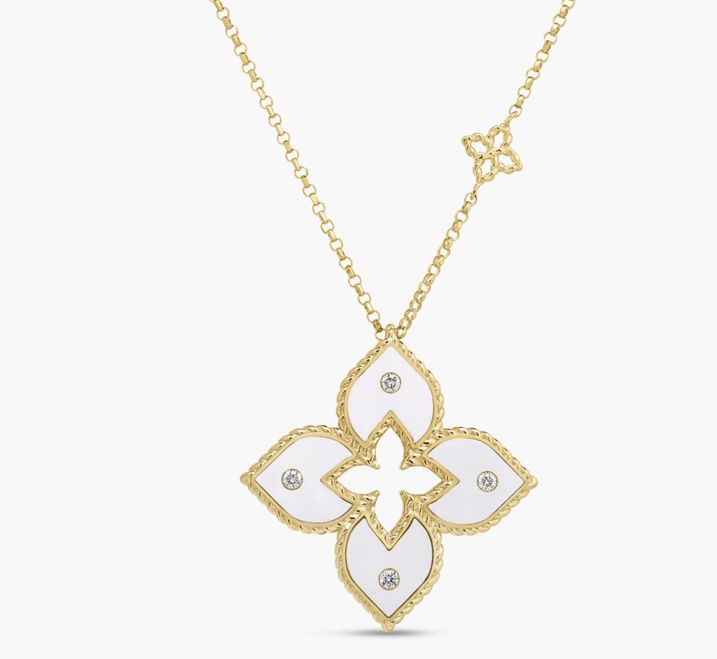 [7773851AY17X] 18Kt Yellow Gold White Enamel Princess Flower Diamond Necklace 0.03cttw