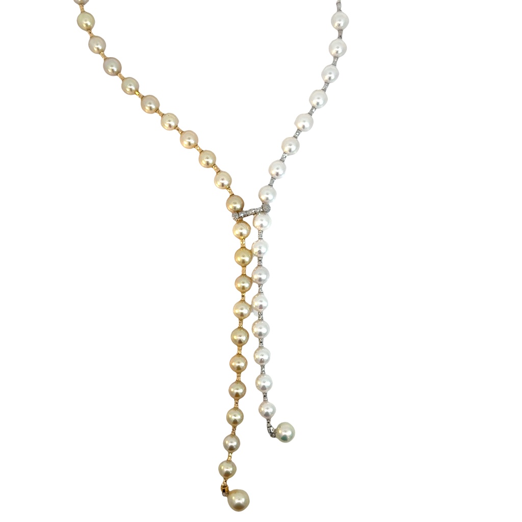 [NA-32TT] 18Kt Two Toned Natural Colored Akoya Pearl Split Strand Necklace 32"