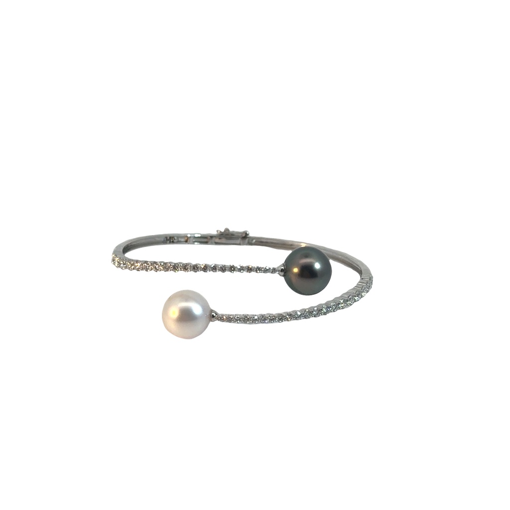 [STBB4W] 18Kt White Gold Hinged Bypass South Sea And Tahitian Pearl Diamond Bracelet 1.83cttw