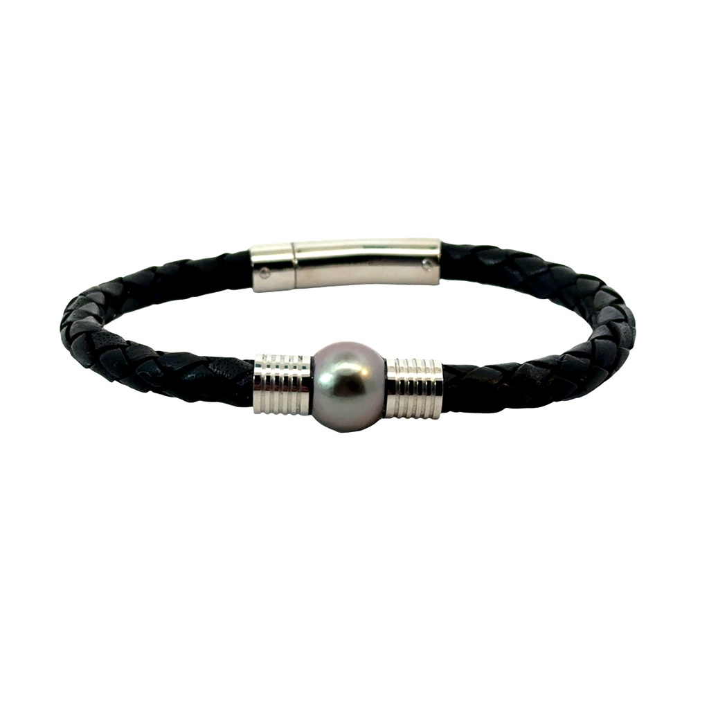 Sterling Silver 11-12mm Tahitian Pearl Leather Bracelet