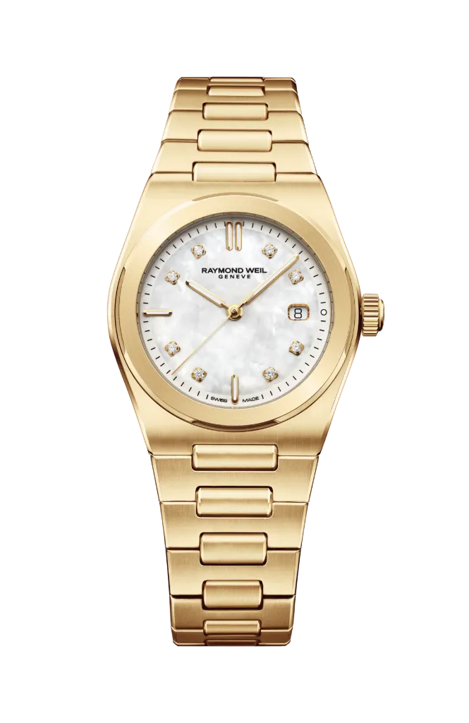 [1250-P-97081] Raymond Weil A.R.T 30mm Gold Tone Mother Of Pearl And Diamond Dial Quartz Movement Watch With A Gold Tone Band