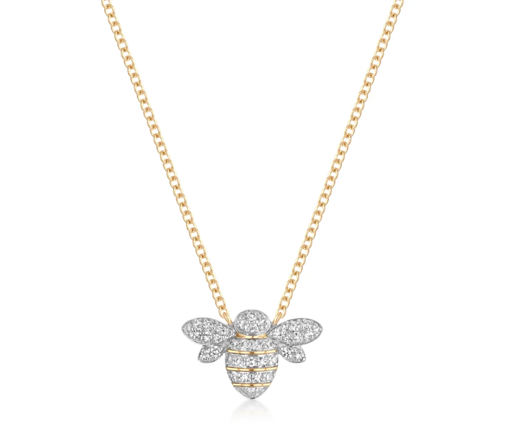 14Kt Yellow Gold Mini Bee Necklace With (38) Round Diamonds Weighing 0.16cttw