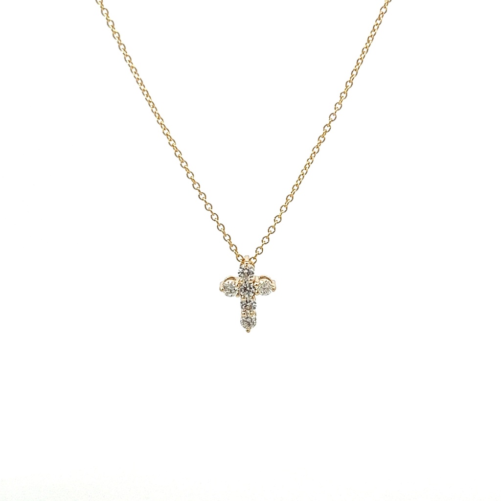 [P078-30-Y_17] 14Kt Yellow Gold Cross Necklace With (6) Round Diamonds Weighing 0.30cttw