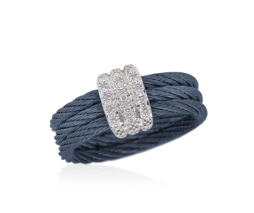 [02-28-5338-11] 14Kt White Gold Blueberry Nautical Cable Buckle Ring With (21) Round Diamonds Weighing 0.11cttw