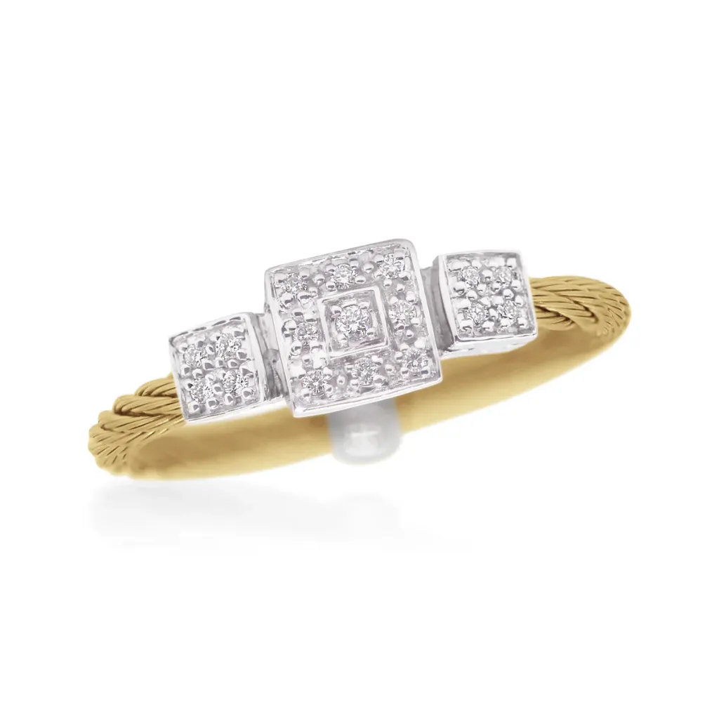 [02-37-1843-11] 14Kt White Gold Yellow Nautical Cable Square Station Diamond Ring 0.08cttw