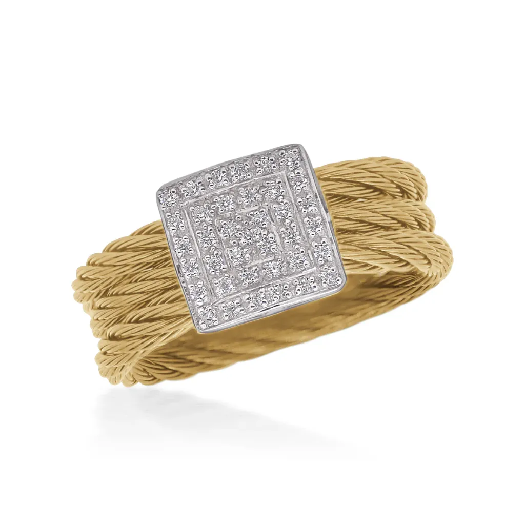 [02-37-4355-11] 14Kt White Gold Yellow Nautical Cable Square Station Diamond Ring 0.19cttw