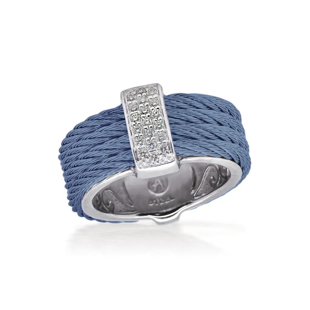 [02-64-1415-11] 14Kt White Gold Island Blue Nautical Cable Diamond Bar Station Band 0.16cttw