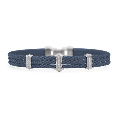 14Kt White Gold Blueberry Nautical Cable Triple Station Diamond Bracelet 0.03cttw