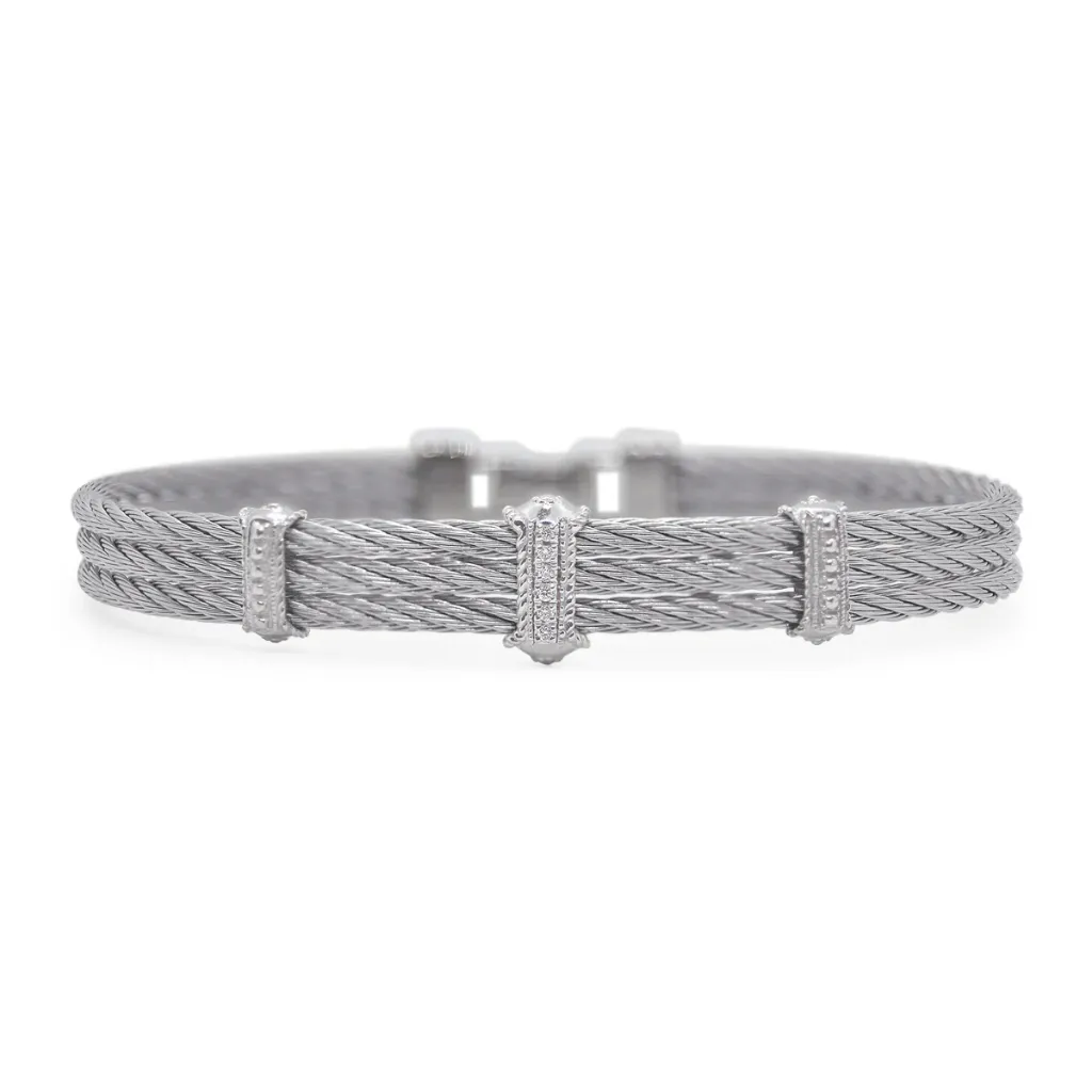 14Kt White Gold Grey Nautical Cable Triple Station Bracelet With (6) Round Diamonds Weighing 0.03cttw
