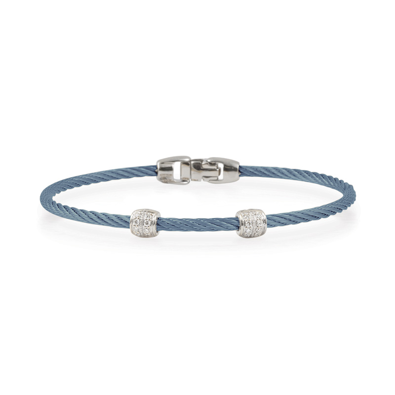 [04-64-S927-11] 14Kt White Gold Diamond Two Barrel Bracelet With Island Blue Nautical Cable 0.13cttw