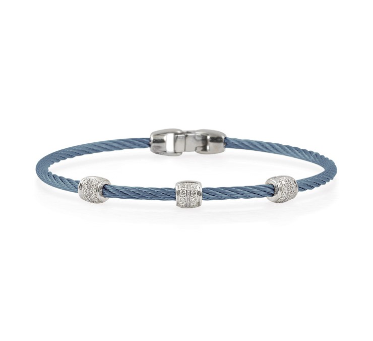 [04-64-S937-11] 14Kt White Gold Island Blue Nautical Cable Three Barrel Station Bracelet With Round Diamonds Weighing 0.21cttw