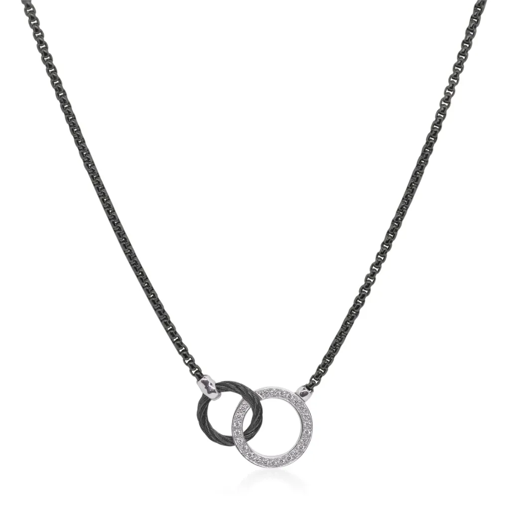 14Kt White Gold Black Nautical Cable Diamond Interlocking Circle Necklace 0.20cttw