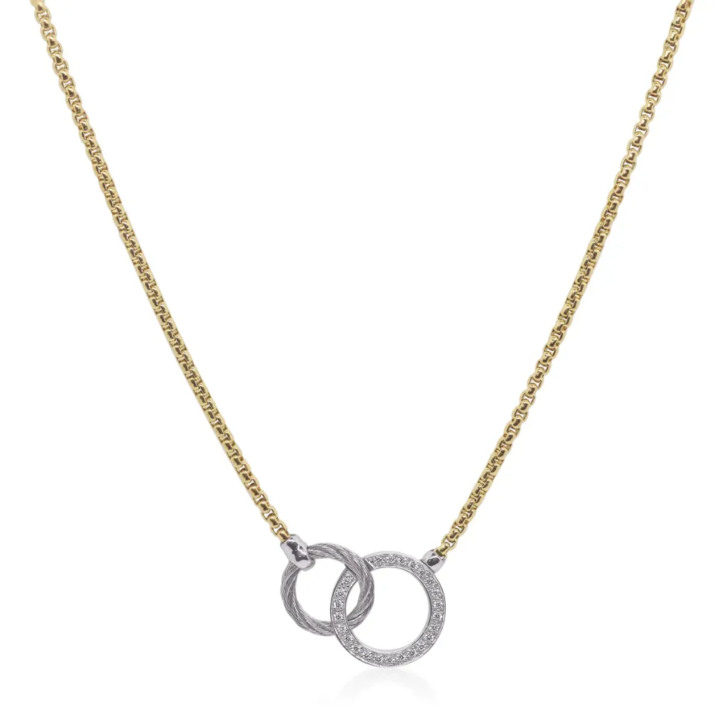 14Kt White Gold Grey Nautical Cable And Yellow Chain Interlocking Diamond Circle Necklace 0.20cttw