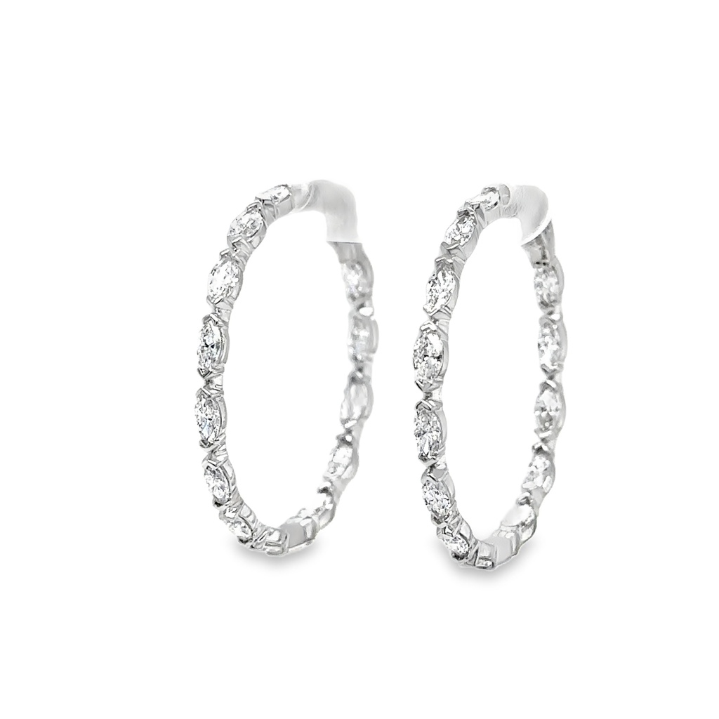 [E-MQ1.5H-18KW-2] 18Kt White Gold In/Out Hoops With (24) Marquise Diamonds Weighing 1.64cttw
