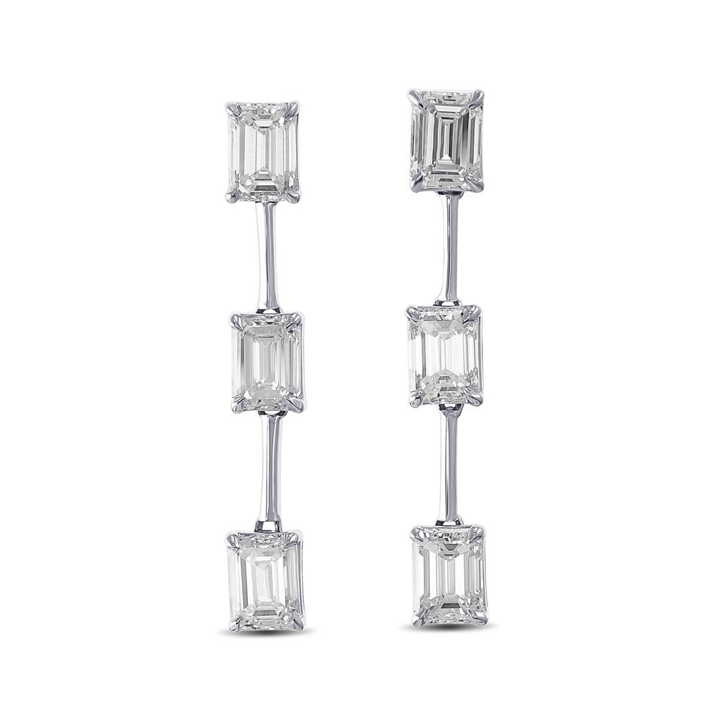 [E-EC50-3.20-1] 18Kt White Gold Dangle Earrings With (6) Emerald Cut Diamonds Weighing 3.21cttw