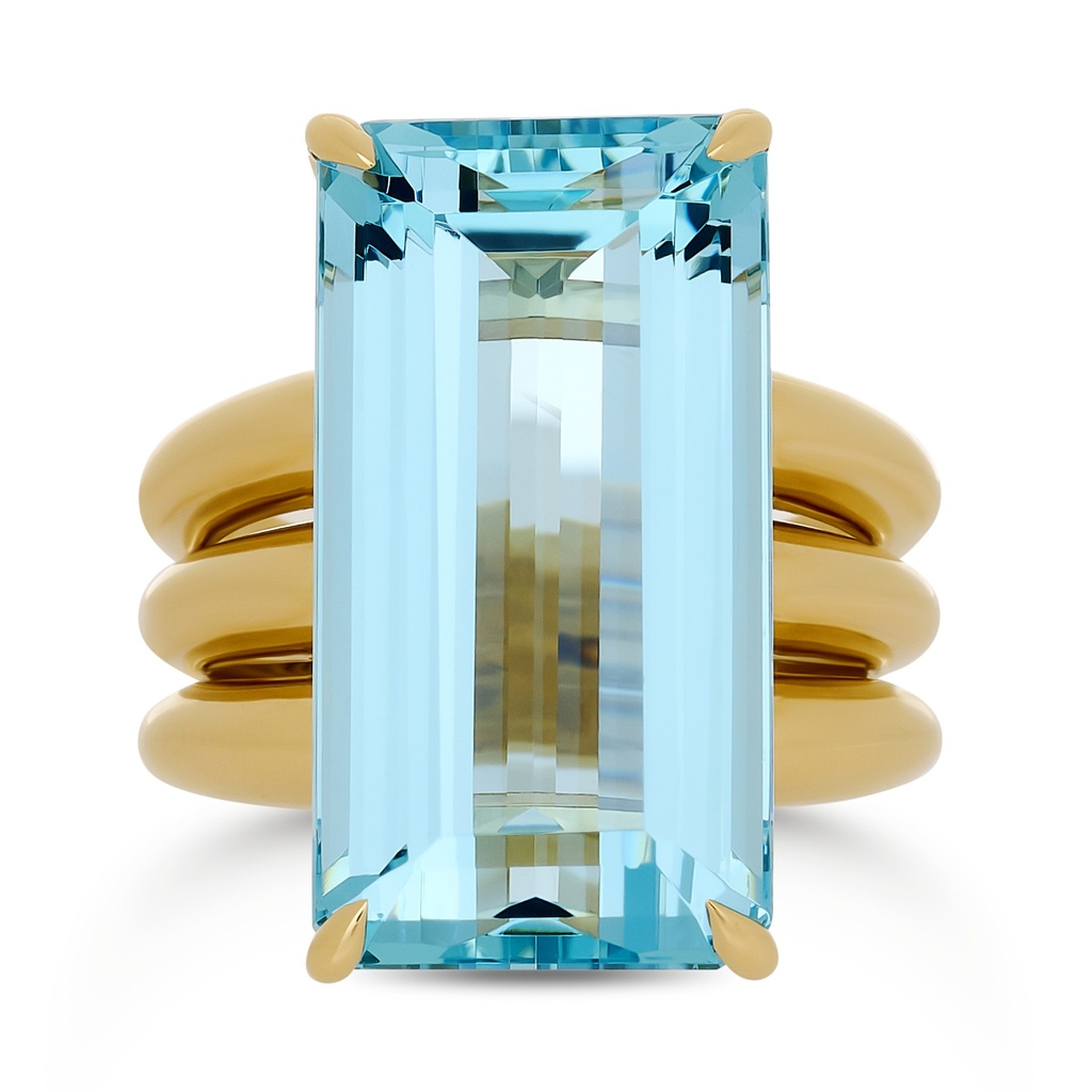 [ORAQ1698-O] 14Kt Yellow Gold Ribbed Cocktail Ring With An Emerald Cut Aquamarine Weighing 16.98ct
