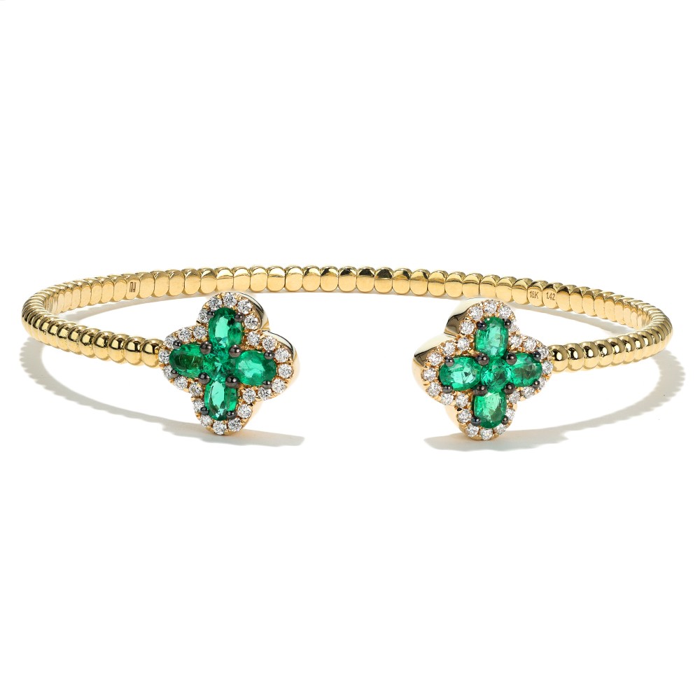 18Kt Yellow Gold Beaded Bangle With (10) Oval/Round Emeralds Weighing 1.48ct And Diamonds Weighing 0.37ct