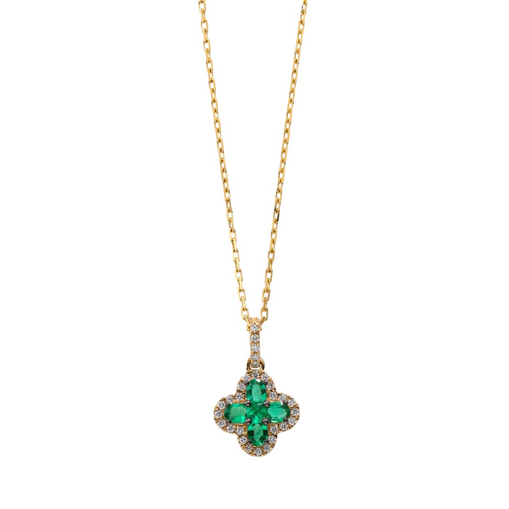 [PM3024] 18Kt Yellow Gold Felicity Pendant Necklace With (5) Oval/Round Emeralds Weighing 0.74ct And Diamonds Weighing 0.13ct