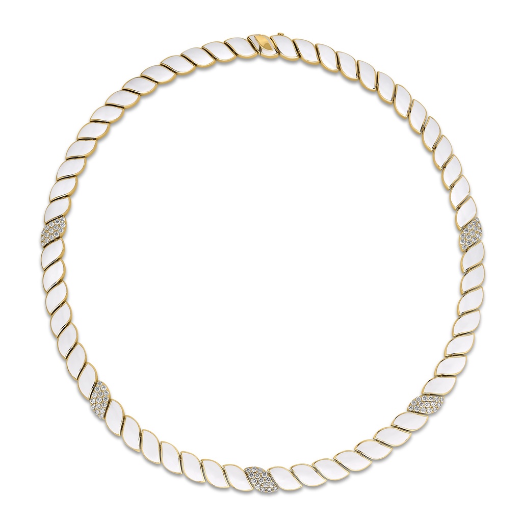 [8883840AY17X] 18Kt Yellow Gold San Marco White Enamel Necklace With (75) Round Diamonds Weighing 1.30cttw