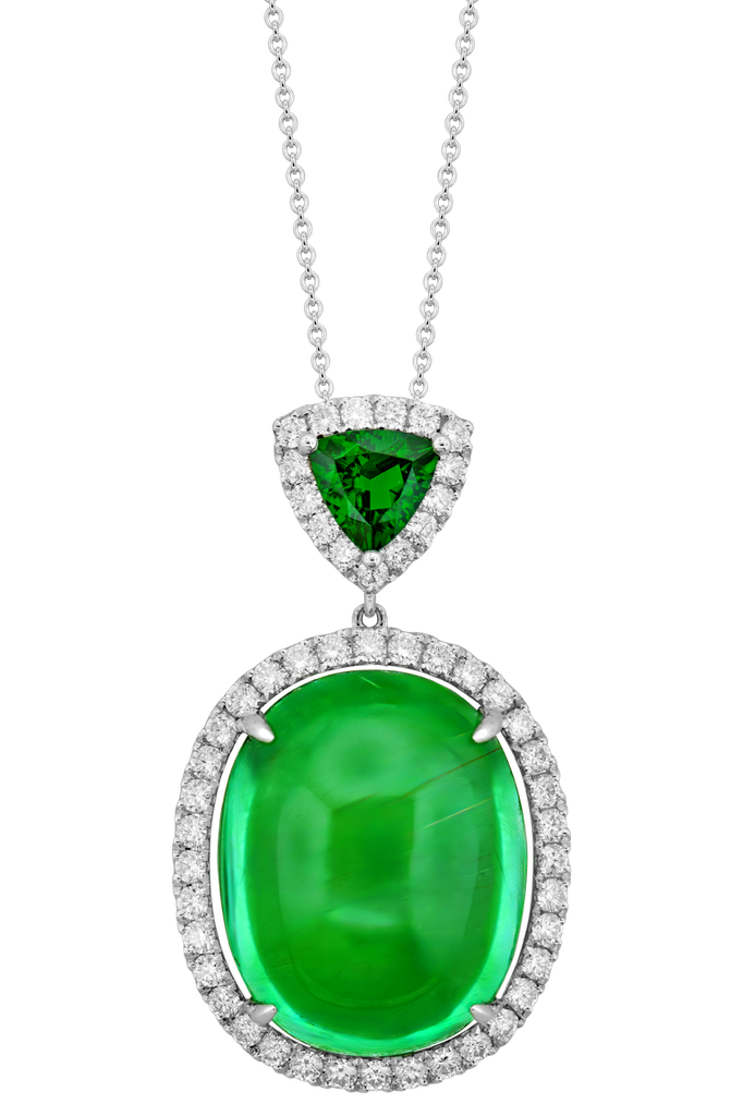 [P28792-GT] 18Kt White Gold Pendant With A Green Tourmaline Weighing 52.14ct, A Chrome Tourmaline Weighing 1.10ct, And Round Diamonds Weighing 1.39ct