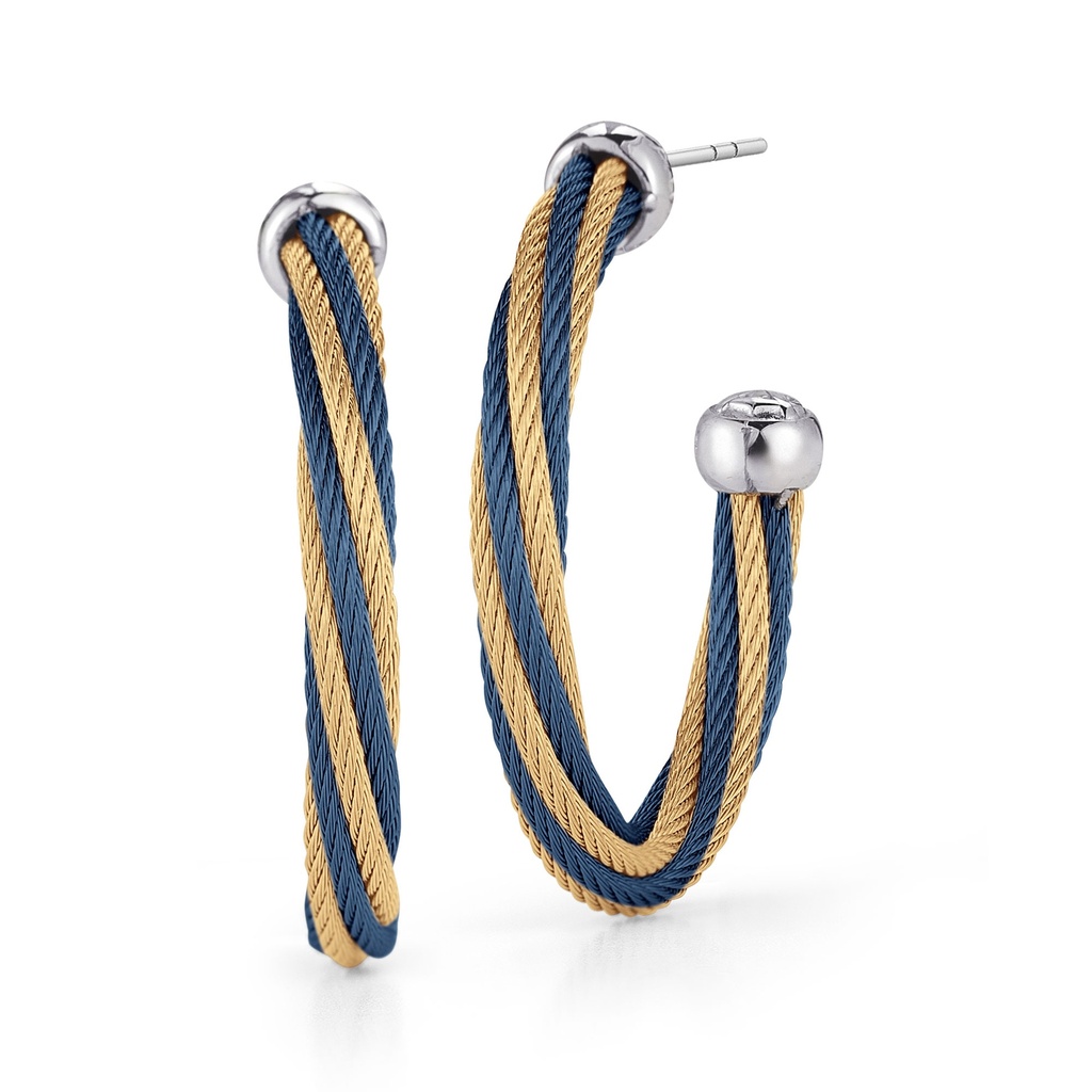 [03-68-S850-00] 14Kt White Gold Blueberry And Yellow Nautical Cable Twisted Hoops