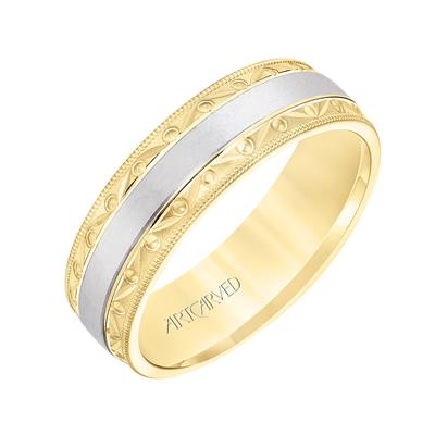 14Kt Two Toned 6.5mm Carved Milgrain Edge Band Sz10