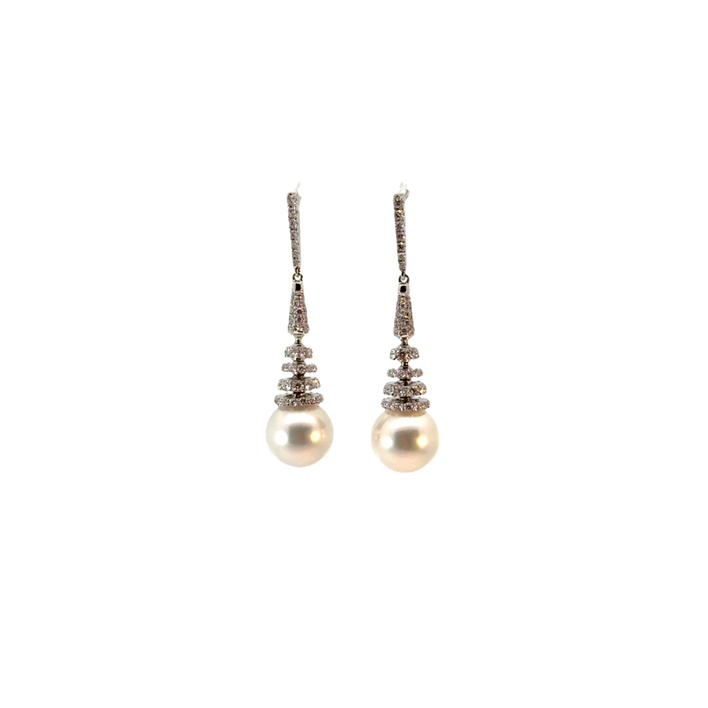 [PE317AW] 18Kt White Gold South Sea Pearl And Diamond Dangle Earrings 1.40cttw