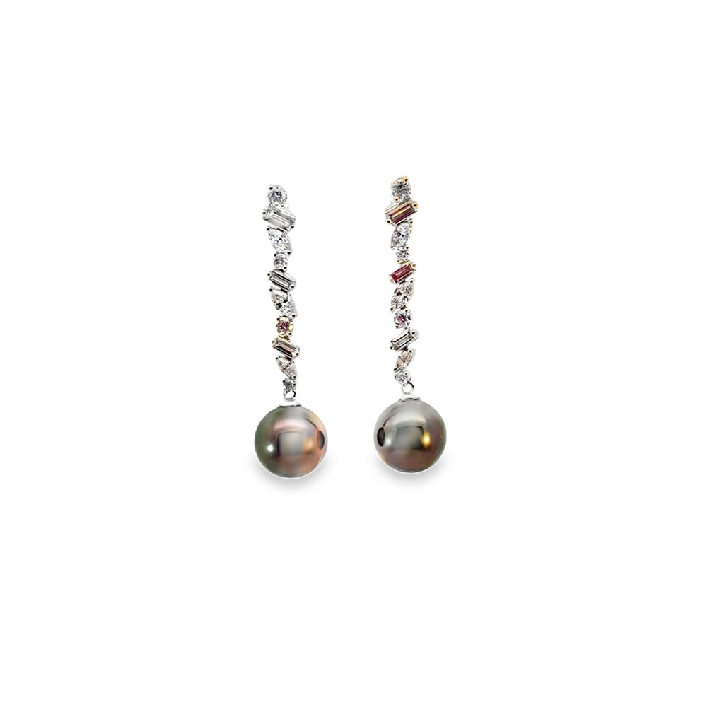 18Kt White Gold Diamond And Tahitian Pearl Drop Earrings 1.04cttw