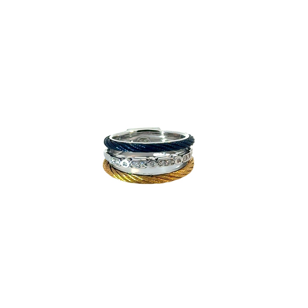 [02-68-S073-11] 14Kt White Gold Blueberry And Yellow Nautical Cable Three Row Diamond Ring 0.09cttw