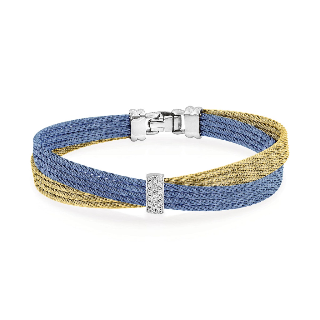 [04-68-S551-11] 14Kt White Gold Blueberry and Yellow Nautical Cable Diamond Crossed Bracelet 0.16cttw