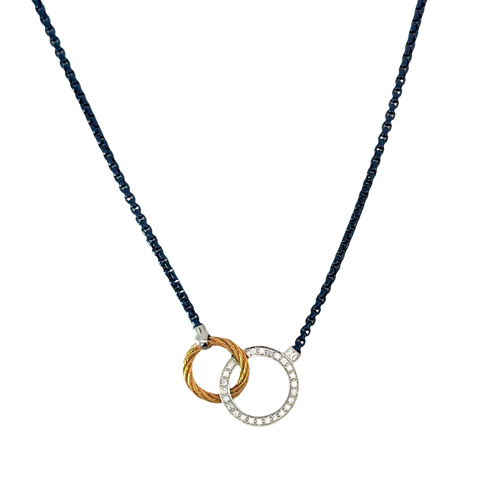 [08-68-1502-11] 14Kt White Gold Blueberry Chain and Yellow Nautical Cable Interlocking Diamond Necklace 0.20cttw