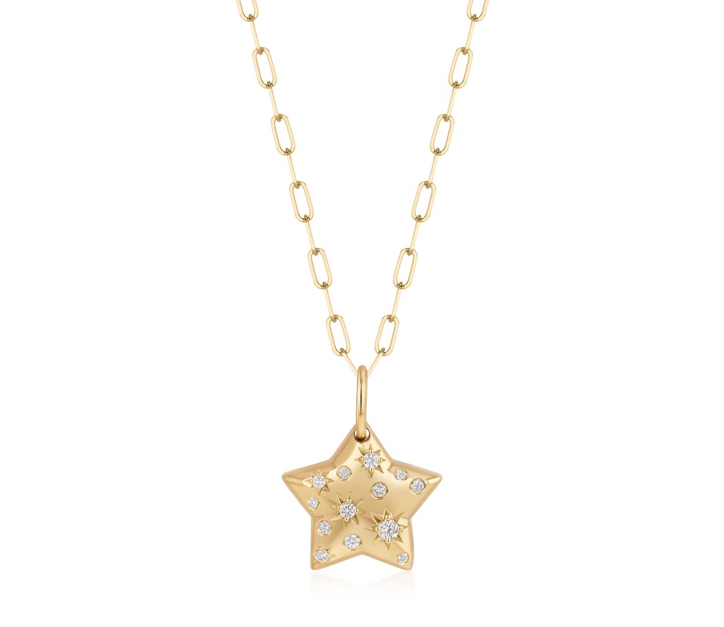 18Kt Yellow Gold Celeste Star Necklace With (13) Round Diamonds Weighing 0.15cttw