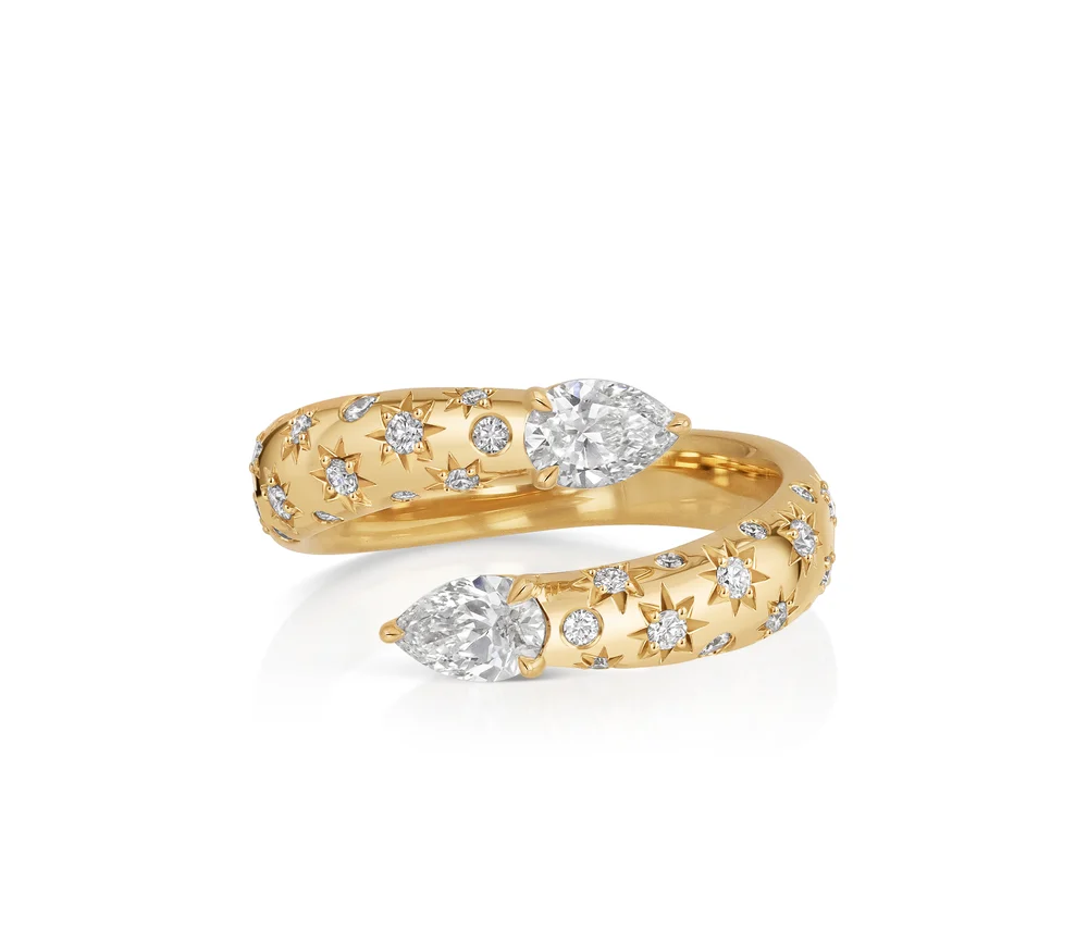 18Kt Yellow Gold Bypass Ring With (2) Pear Shaped Diamonds Weighing 0.60ct And (30) Round Diamonds Weighing 0.25ct