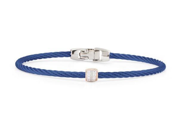 14Kt Rose Gold Blueberry Nautical Cable Single Barrel Station Bracelet With (8) Round Diamonds Weighing 0.07cttw
