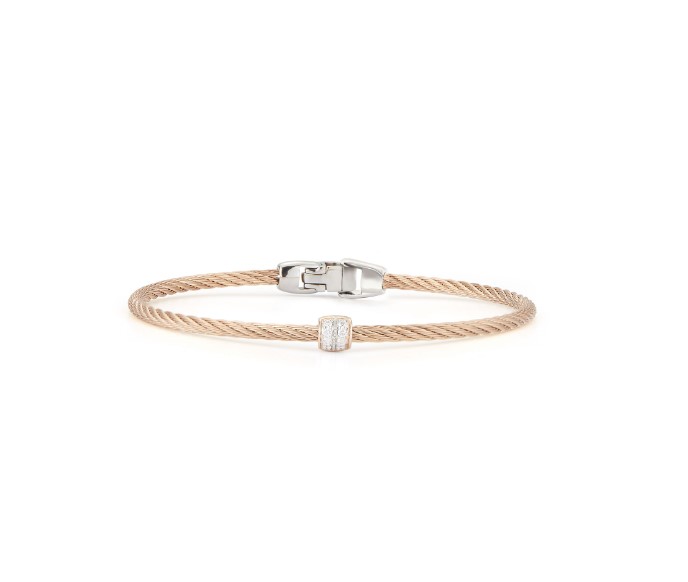 14Kt Rose Gold Carnation Nautical Cable Single Barrel Station Bracelet With (8) Round Diamonds Weighing 0.07cttw