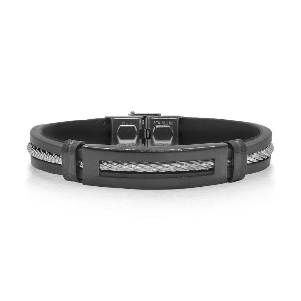 Grey Nautical Cable And Black Rubber Men's Bracelet sz8