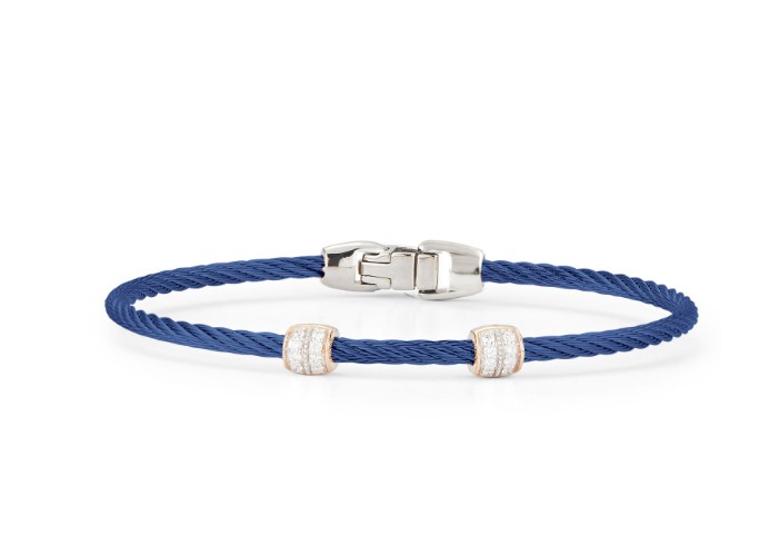 14Kt Rose Gold Blueberry Nautical Cable Double Barrel Station Bracelet With (16) Round Diamonds Weighing 0.13cttw