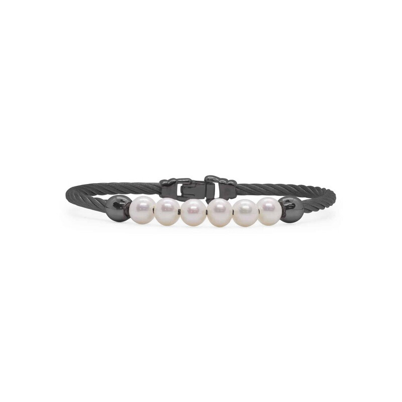 Stainless Steel Black Nautical Cable Pearl Bracelet Sz6.5