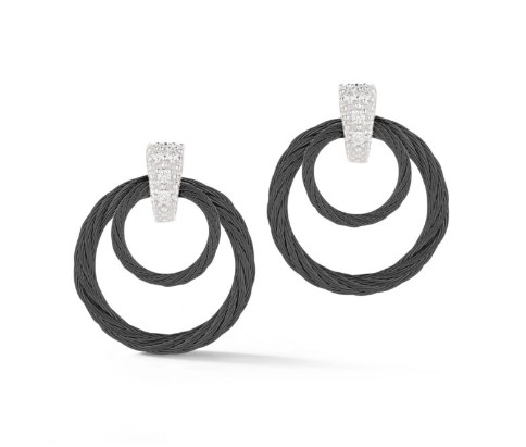 14Kt White Gold Black Nautical Cable Double Circle Drop Earrings With (8) Round Diamonds Weighing 0.07cttw