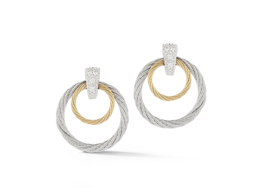 14Kt White Gold Grey And Yellow Nautical Cable Double Circle Drop Earrings With Round Diamonds Weighing 0.07cttw