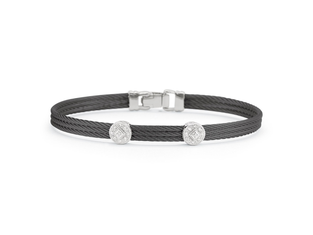 14Kt White Gold Black Nautical Cable Double Circle Station Diamond Bracelet 0.09cttw