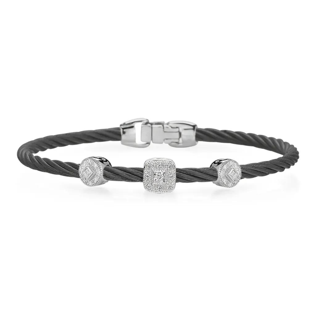 14Kt White Gold Black Nautical Cable Circle And Square Diamond Station Bracelet 0.14cttw