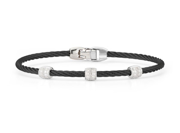 14Kt White Gold Black Nautical Cable Diamond Three Barrel Bracelet 0.21cttw